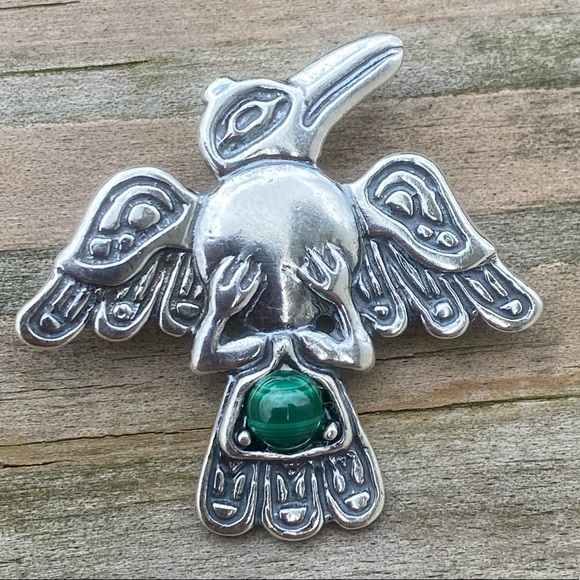 Raven Pendant .925 Sterling Silver w/ genuine Malachite gemstone USA - Picture 2 of 13